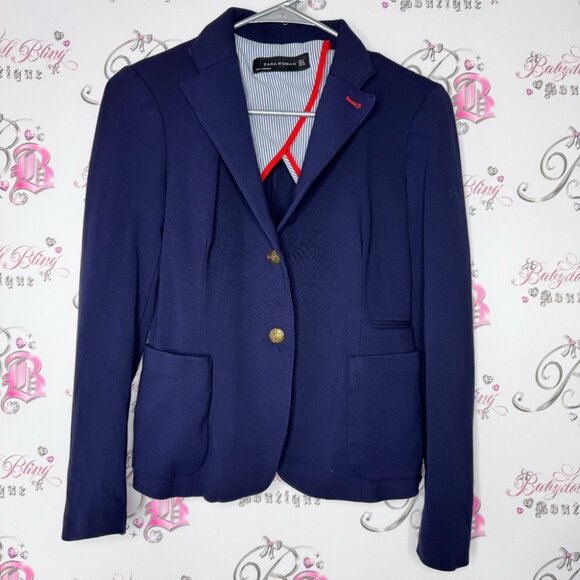 Zara woman Navy Blue jacket sweater Blazer buttons nautical red striped - Picture 6 of 6
